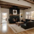 Open concept living room with fireplace wooden beams black door frames and autumn colors Royalty Free Stock Photo
