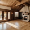 Open concept living room with fireplace wooden beams black door frames and autumn colors Royalty Free Stock Photo