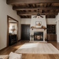 Open concept living room with fireplace wooden beams black door frames and autumn colors Royalty Free Stock Photo