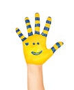 image of an open hand yellow with blue stripes and a pretty smal