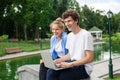 Image of optimistic couple happy freelance people