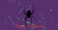 Image of orange happy halloween text over spider and green lights, on purple background
