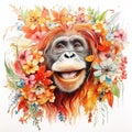 Image of an orangutan head with colorful tropical flowers on white background. Mammals. Wildlife Animals