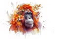 Image of an orangutan head with colorful tropical flowers. wildlife. Animal. illustration. Generative AI