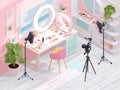 Image of an organized beauty studio with a makeup desk, camera stands, and soft lighting Professional setting for makeup Royalty Free Stock Photo