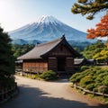 Oshino, Japan historic thatch roof farmhouses with Mt. Fuji. made with Generative AI