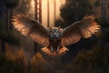 Image of an owl is flying in the forest. Wild Animals. Bird. illustration. Generative AI Royalty Free Stock Photo
