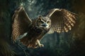 Image of an owl is flying in the forest. Wild Animals. Bird. illustration. Generative AI Royalty Free Stock Photo