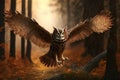 Image of an owl is flying in the forest. Wild Animals. Bird. illustration. Generative AI Royalty Free Stock Photo