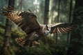 Image of an owl is flying in the forest. Wild Animals. Bird. illustration. Generative AI Royalty Free Stock Photo