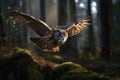 Image of an owl is flying in the forest. Wild Animals. Bird. illustration. Generative AI Royalty Free Stock Photo