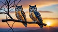 image of owls perched on a branch at dusk in glass mos ai generated