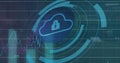 Image of padlock, binary codes, cloud in loading circles with graphs over warehouse