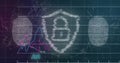 Image of padlock, biometric fingerprins nd financial data processing over dark background