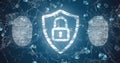 Image of padlock, biometric fingerprint and data processing over blue background