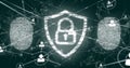 Image of padlock, biometric fingerprint, network of connections with icons and data processing