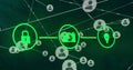 Image of padlock, camera, lightbulb icons forming flow chart over connected profile icons