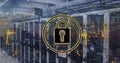 Image of padlock in circle with flowchart of icons and connected dots over server room Royalty Free Stock Photo