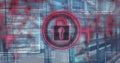 Image of padlock in circle over programming language in squares against server room