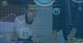 Image padlock in circles, trading boards, graphs over caucasian coworkers discussing in office