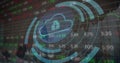 Image of padlock in cloud and circles over graphs and trading board against buildings Royalty Free Stock Photo