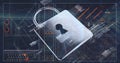Image of padlock, computer language, loading circles and bars, navigation pattern over globe