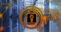 Image of padlock icon and data processing over server room Royalty Free Stock Photo