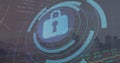 Image of padlock in loading circles, graphs, trading board over aerial view of modern city