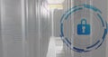 Image of padlock in loading circles over data server room