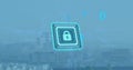 Image of padlock in squares over binary codes against modern cityscape against sky Royalty Free Stock Photo