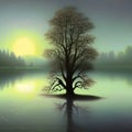 image of the painterly tree around the foggy lake in the late night.