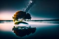 image of the painterly tree around the foggy lake in the late night.