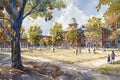 The image is a painting of a college campus in the fall