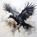 Image of painting crow flying on white background. Birds. Wildlife Animals. Illustration, Generative AI