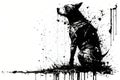 Image painting of a dog drawing using a brush and black ink on white background. Pet. Illustration, Generative AI