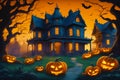 Towering haunted house silhouetted against the eerie backdrop of a Halloween night sky Royalty Free Stock Photo