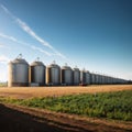 two steel grain silos standing next to a divided highway along a harvest field a...