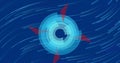 Image of pale blue rings with red sails rotating on a blue background with moving pale blue waves