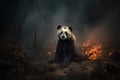 Image of panda exhausted in the midst of wildfires and smoke. Wildlife Animals. Illustration. Generative AI