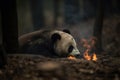 Image of panda exhausted in the midst of wildfires and smoke. Wildlife Animals. Illustration. Generative AI