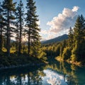 Panorama on blue reflecting lake and clear mountain cool water with stone narrow wild shore in evergreen