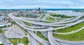 Panorama Louisville city criss crossing roads, Ohio River, skatepark, baseball diamond aerial