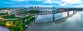 Panorama rainbow LGBTQ pride lights on bridge at sunset dusk aerial near downtown Louisville KY