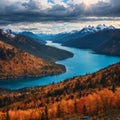 Panoramic landscape view of Garibaldi Lake. Sunny and cloudy Fall Day. Taken from top of Panorama Ridge,