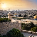 Panoramic view to Jerusalem Old city and the Temple Mount, Dome of the Rock and Al Aqsa Mosque from the
