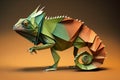 Image of paper origami art. Handmade paper chameleon. Reptile. Animal. illustration, generative AI