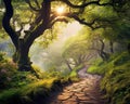 path in a forest at misty morning.