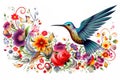 Image of pattern design using hummingbird and flowers and leaves. Wildlife Animals. Bird. Illustration, Generative AI