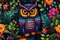 Image of pattern design using an owl and flowers and leaves. Wildlife Animals. Bird. Illustration, Generative AI Royalty Free Stock Photo