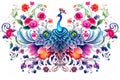 Image of pattern design using peacock and flowers and leaves. Wildlife Animals. Bird. Illustration, Generative AI Royalty Free Stock Photo